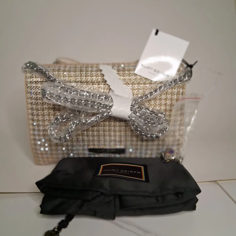 Kurt Geiger Shoreditch Bag Beigh/Gold Clutch with Bow Rhinestones NWT